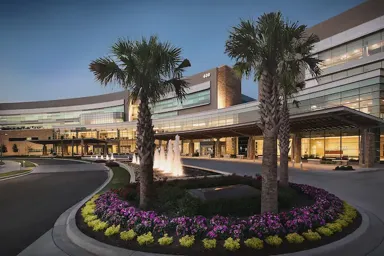 Modern hospital building with palm trees and a fountain at dusk